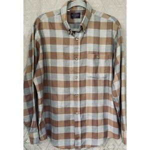 Men’s VINTAGE Ivy Classics Brown Blue Plaid Button Up Long Sleeve Shirt Size L